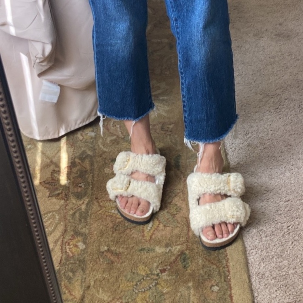 Birkenstock Shearling-Teddy Eggshell Arizona Sandals.